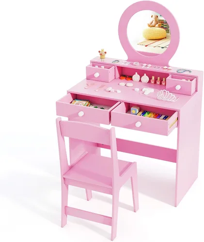 Miniatura 12 de HONEY JOY Juego de tocador para niños, juego de tocador para niñas con espejo y taburete y luces, cajones y estantes de almacenamiento, mesa
