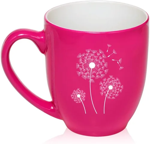 Taza grande de 16 oz Bistro de cerámica para café, té, taza de cristal con dientes de león (rosa intenso)