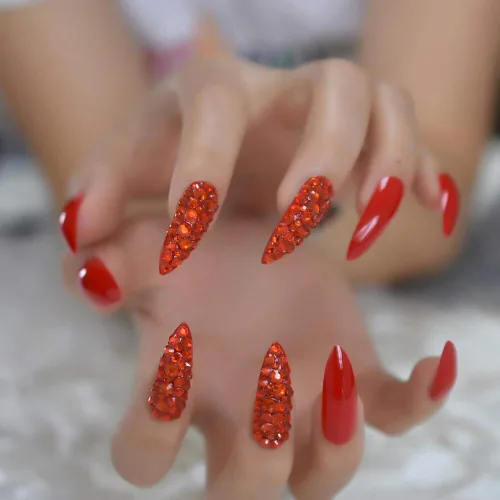 Miniatura 17 de Coolnail - Puntas de uñas postizas de acrílico rosa metálico sexy, strass rosa claro, espejo decorativo brillante, uñas artificiales cortas L5538