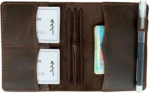 Miniatura 3 de Cubierta para cuaderno de viajeros con bolsillos interiores, ranuras para tarjetas y soporte para bolígrafo, tamaño pasaporte, marrón oscuro