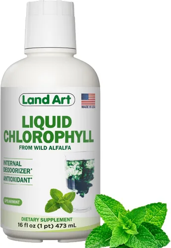 Land Art - Menta de clorofila líquida - Extraída en frío de alfalfa silvestre sin OMG - Clorofila Liquida natural - Antioxidante - Suplemento