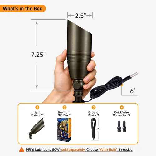 Miniatura 6 de Gardenreet Focos de paisaje de bajo voltaje - Luz superior LED de latón 12V para exterior, luces focales cableadas IP65 impermeables, enfoque