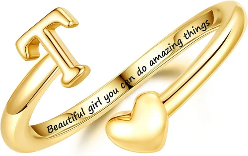Miniatura 23 de Turandoss Regalos para el día de San Valentín para adolescentes, anillos de oro para niños, chapados en oro de 14 quilates con inicial para letra A