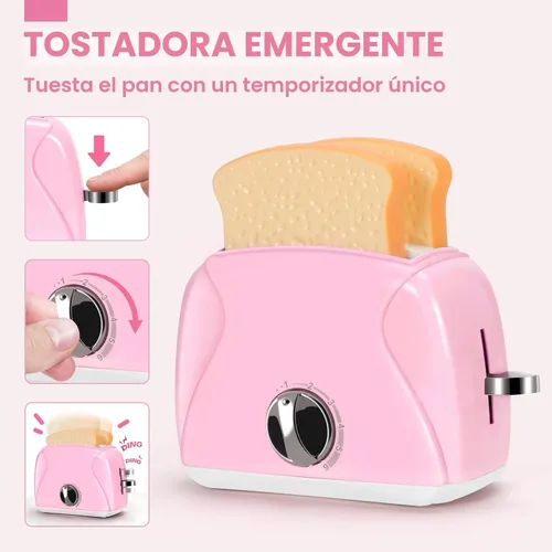 Miniatura 4 de Pink Play - Juego de electrodomésticos de cocina con cafetera, mezclador, tostadora, licuadora, juego de cocina para niños, accesorios de cocina