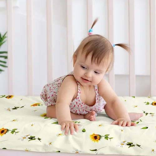 Miniatura 5 de Mixweer Juego de ropa de cama para cuna de bebé, 3 piezas, diseño de abeja de girasol, sábanas amarillas para cuna con texto en inglés "You Are My