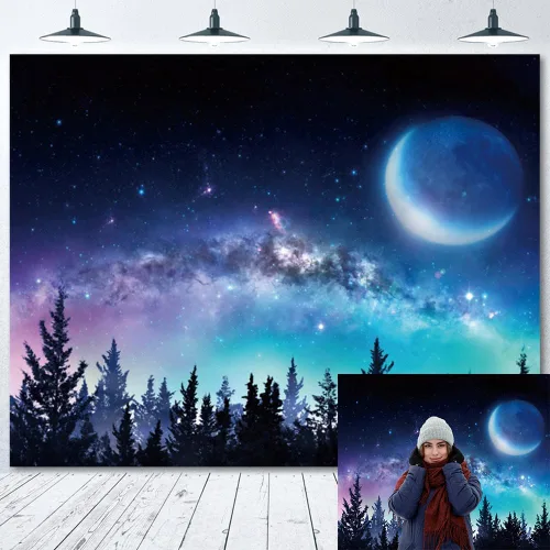 Miniatura 3 de Telón de fondo de cielo nocturno estrellado para fotografía, 10 x 8 pies, vista nocturna del bosque, telón de fondo para fotos, universo galaxia