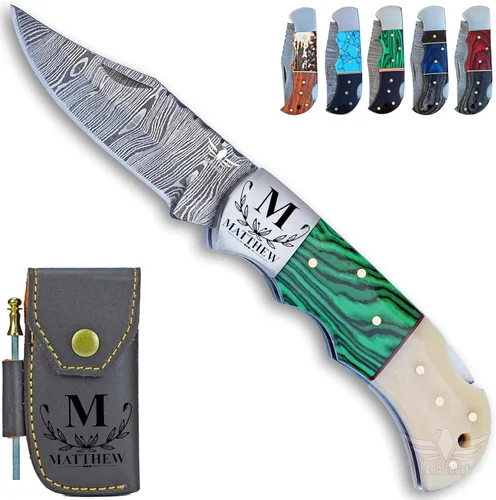 Cuchillo de bolsillo de damasco personalizado para hombres - Cuchillos de caza plegables hechos a mano de acero sólido de 133 capas con afilador y