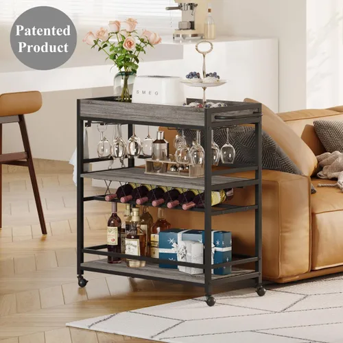 Miniatura 7 de BON AUGURE Carrito de Bar, Carrito de Servicio de Bar para el Hogar con Ruedas, Carrito de Bebidas Móvil de 3 Niveles con Estante para Vino