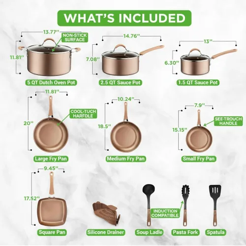 Miniatura 3 de NutriChef Juego de utensilios de cocina antiadherentes de 14 piezas con cacerola, sartenes, ollas de cocina, olla de horno holandés, tapas, Dorado