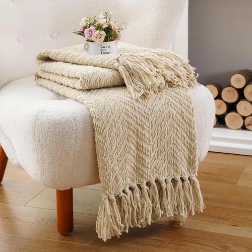 Miniatura 7 de BATTILO HOME Manta beige para sofá, cobija tejida beige para la cama, mantas neutras para decoración de la habitación, regalos para casa nueva, 50 x