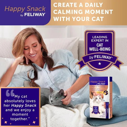 Miniatura 4 de Happy Snack de FELIWAY®, Golosinas lamibles y exprimibles en puréa para gatos para una rutina diaria de calma, hechas con pollo real, paquete de 12