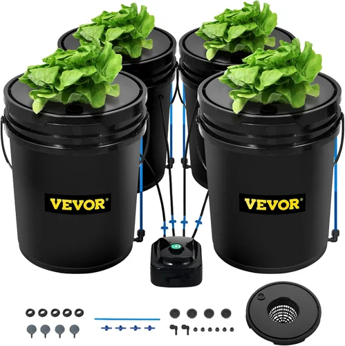 VEVOR Sistema Hidropónico DWC, 5 Galones 4 Cubetas, Cubo de Cultivo de Agua Profunda, Kit de Cultivo Hidropónico con Bomba, Piedra de Aire y