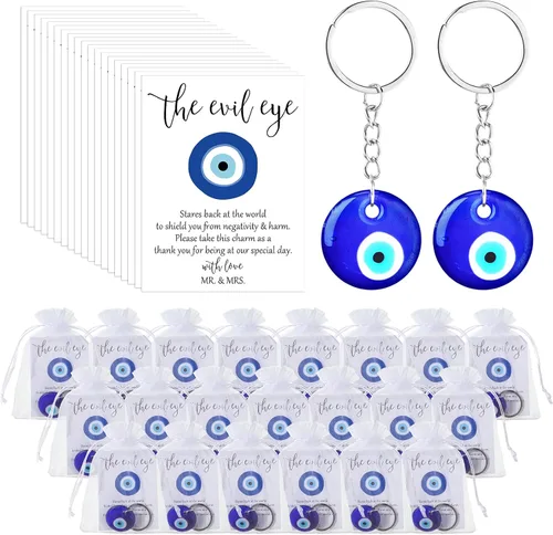 Ferreve Juego de 25 regalos de boda para invitados, llavero azul de ojo malvado para buena suerte, tarjetas de deseos de boda, bolsas de organza,