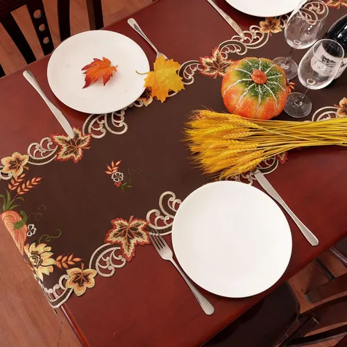 Miniatura 5 de Caminos de mesa bordados marrones de cosecha de Acción de Gracias para decoraciones de otoño u otoño (14 x 34 pulgadas)