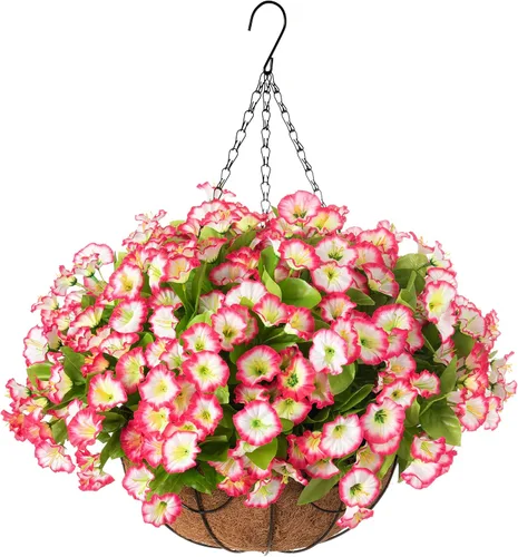 Miniatura 14 de Flores colgantes artificiales con cesta para exteriores, petunias sintéticas, plantas colgantes falsas con eucalipto, resistentes a los rayos UV