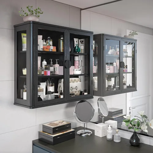 Miniatura 2 de NEWOWNDS Gabinete de Almacenamiento de Pared con Vitrina de Vidrio Templado Negro, Gabinete de Pared para Baño, Gabinete Montado en la Pared