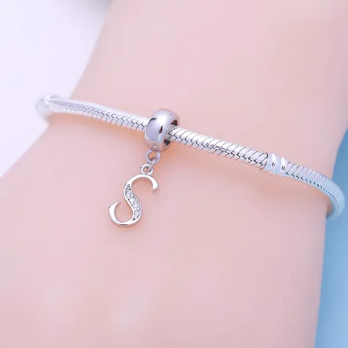 Miniatura 123 de ABUN Abalorio de plata de ley 925 con letra A a la Z, espaciador de inicial, con circonita cúbica transparete colgante, auténtica, para pulseras