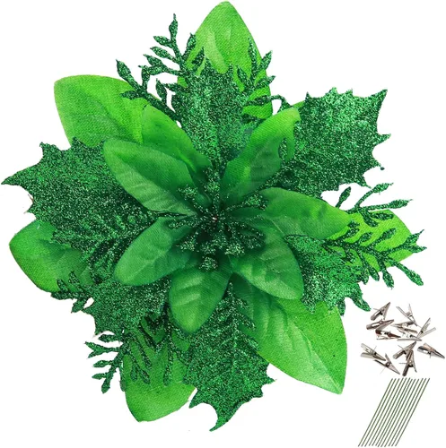 Miniatura 13 de GREENTIME 12 flores de pascua artificiales con purpurina de 5.5 pulgadas, tallos de Navidad, adornos para árbol de Navidad para fiesta de Año Nuevo