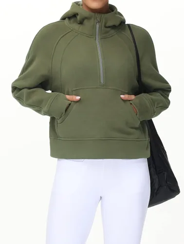 Miniatura 9 de Tmustobe Sudaderas con capucha de media cremallera para mujer, de manga larga, con forro polar, sin botones, con bolsillo