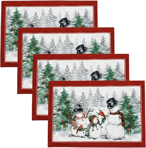 Elrene Home Fashions - Juego de 4 manteles individuales con diseño de muñeco de nieve y copos de nieve de invierno, 33 x 48 cm