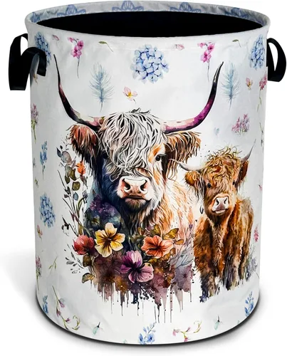 Miniatura 13 de Cesta de lavandería plegable impermeable de vacas de las tierras altas de la marca NUTAINLA, con tela Oxford, divertida bolsa de lona, cesta de Vaca