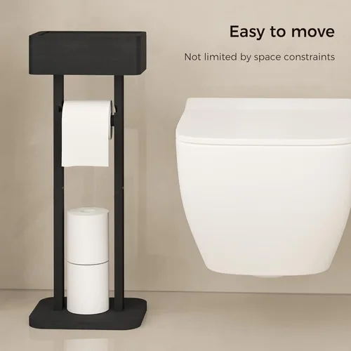 Miniatura 6 de Wealone Soporte de papel higiénico 4 en 1 negro con estante de almacenamiento, caja, rotación de 360°, bambú, papel higiénico de pie, dispensador