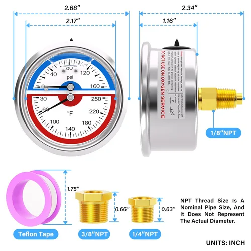Miniatura 2 de MEANLIN MEASURE - Manómetro de presión térmica de acero inoxidable, esfera con cara de 2.5 pulgadas, NPT de 1/4 de pulgada, relleno de líquido