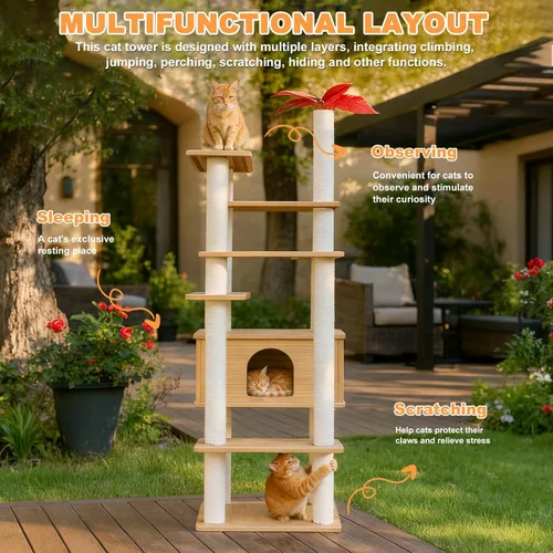 Miniatura 5 de Torre para gatos resistente a la intemperie de 68.9 pulgadas de alto, árbol para gatos de varios niveles, condominio grande para gatos con tablero