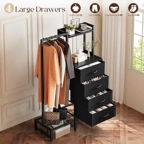 Miniatura 4 de Yoobure Cómoda negra con estante para colgar, armario pequeño con 4 cajones de almacenamiento de tela, cómoda de 44 pulgadas de alto con perchero