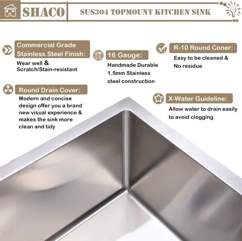 Miniatura 3 de SHACO Fregadero de cocina de 28 pulgadas, fregadero de montaje superior de acero inoxidable T304 de 16 calibre hecho a mano comercial, fregadero