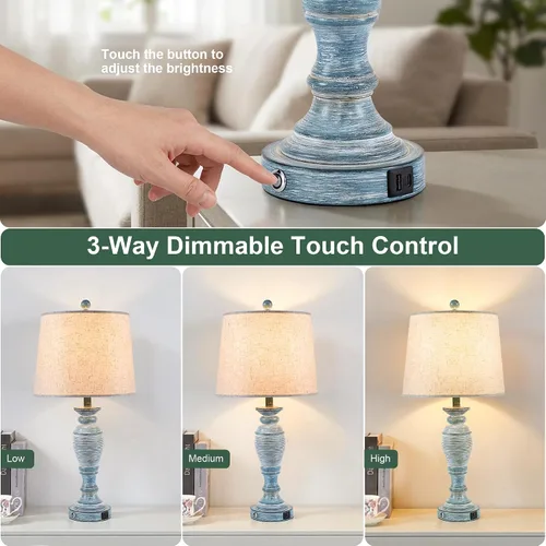 Miniatura 2 de Juego de 2 lámparas azules de mesa de 27.7 pulgadas para sala de estar con puertos USB A+C, lámpara táctil para dormitorio, 2 bombillas incluidas
