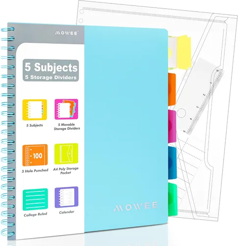 Cuaderno de espiral – Cuaderno de 5 materias, cuaderno de rayas universitarias de 3 agujeros perforados con divisores, bolsillos de almacenamiento,