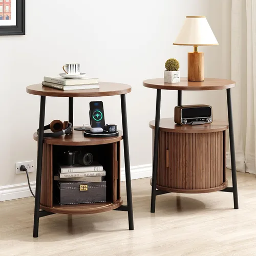 Miniatura 11 de ONBRILL Mesa auxiliar redonda con almacenamiento, mesita de noche acanalada con estación de carga, pequeñas mesas de noche modernas de mediados