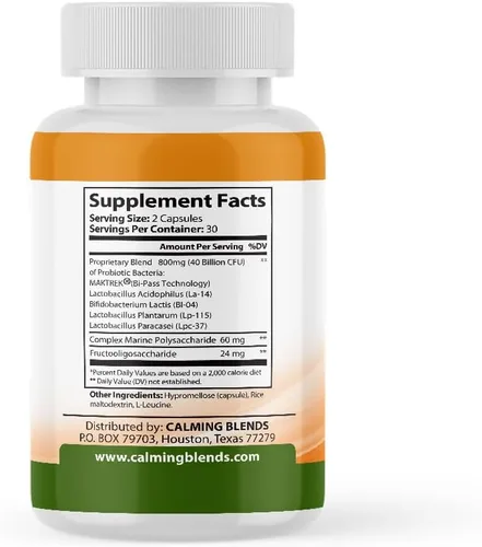 Miniatura 2 de CALMING BLENDS Probiótico, 40 mil millones de UFC, sistema de entrega bi-pass para una máxima eficacia, estable en el almacenamiento, 60 cápsulas