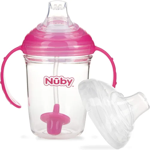 Nuby 360 Grip N' Sip - Vaso Tritan, 8 onzas, popote con peso con funda higiénica, color rosa