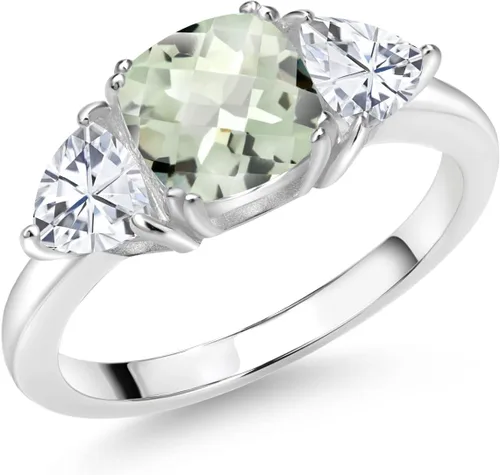 Miniatura 28 de 925 Sterling Silver Gemstone Birthstone and White Moissanite 3-Stone Engagement Ring for Women 7MM Cushion and 5MM Trillion Accents Three Stone