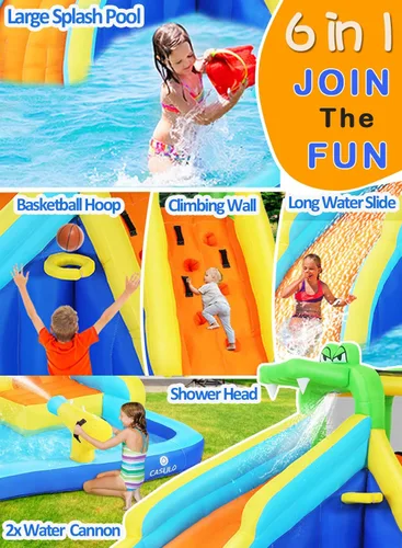 Miniatura 4 de Parque acuático inflable de la casa de la despedida - Diapositiva para niños con soplador de aire, piscina de salpicaduras y diseño de castillo
