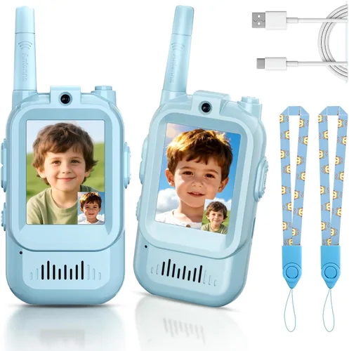 Miniatura 9 de Walkie Talkies de video para niños, paquete de 2 intercomunicadores de video recargables para niños, juguetes para interiores y exteriores