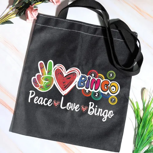 Miniatura 3 de JXGZSO Bingo Caller Bag Lucky Bingo Bolsa Cosmética Paz Amor Bingo Bolsa De Compras Divertido Jugador De Bingo Casino Amante Regalo