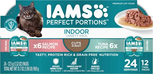 IAMS Perfect Portions - Paquete variado de alimento húmedo para gatos adultos de interior, cortes en salsa, recetas de salmón y atún, 2.6 oz.