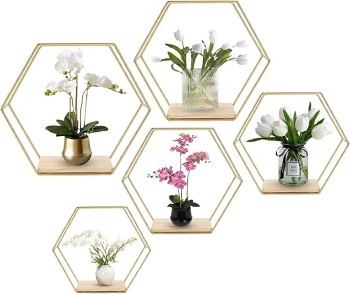 Miniatura 9 de Estantes flotantes hexagonales montados en la pared, juego de 3 en diferentes tamaños, estante de pared de metal moderno, estantes de almacenamiento
