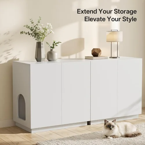 Miniatura 4 de Amunrbrek Caja de Arena Grande/Alta con Compartimento, Mueble Moderno de Madera para Caja de Arena XL con Almacenamiento Oculto como Aparador Blanco
