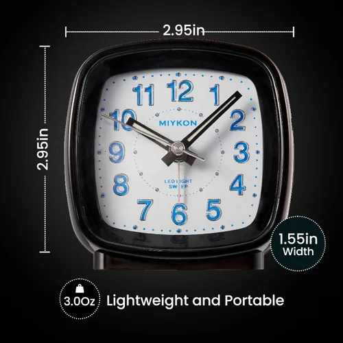 Miniatura 8 de Miykon Reloj despertador analógico cuadrado pequeño – Silencioso sin tictac, funciona con pilas con luz LED y repetición – Escritorio, mesa, viaje