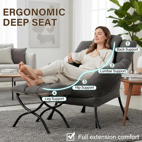 Miniatura 5 de Welnow - Silla perezosa con otomana, moderna silla de descanso con reposabrazos y bolsillo lateral, sillón de sofá tapizado de ocio, sillón de Gris