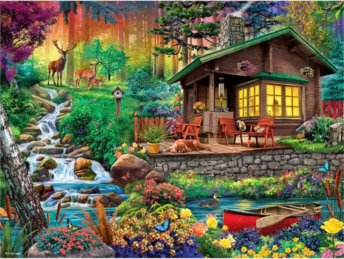 White Mountain Rompecabezas de 500 piezas de flores de primavera con piezas grandes, regalo para adultos de 18 x 24 pulgadas, cabaña en el bosque