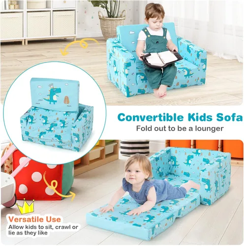 Miniatura 4 de HONEY JOY Sofá para niños pequeños, sofá convertible 2 en 1 con patrón de dinosaurio, silla plegable extra suave para niños y niñas, muebles de sala
