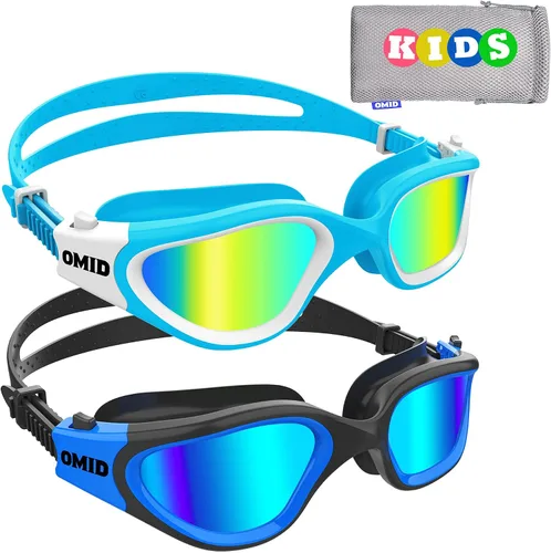 OMID Gafas de natación para niños, P2 Mini, paquete de 2 gafas de natación polarizadas cómodas de 6 a 14 años A1 polarizado azul dorado + negro