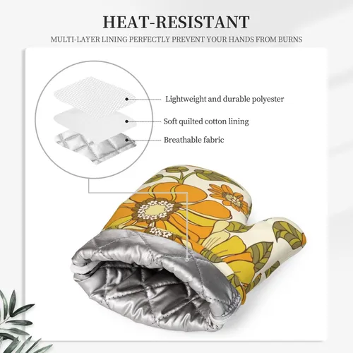 Miniatura 4 de Juego de guantes de horno y soportes para ollas con flores estilo retro de los años 70, guantes de cocina de silicona, resistentes al calor, 4 Flor