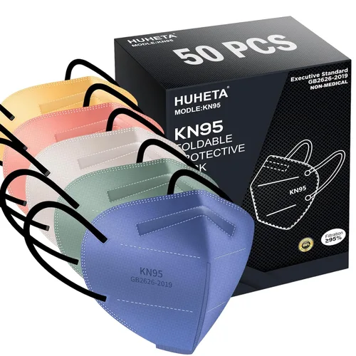 HUHETA 50 Paquetes Mascarillas Faciales KN95 de 5 Capas Transpirables y Cómodas con Filtro de Seguridad (50 unidades, color MTC I)