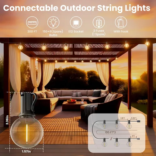 Miniatura 2 de RTTY Guirnalda de luces LED G40 para exteriores de 25 pies, con 13 bombillas, impermeable, inastillable, regulable, conectable, luces colgantes